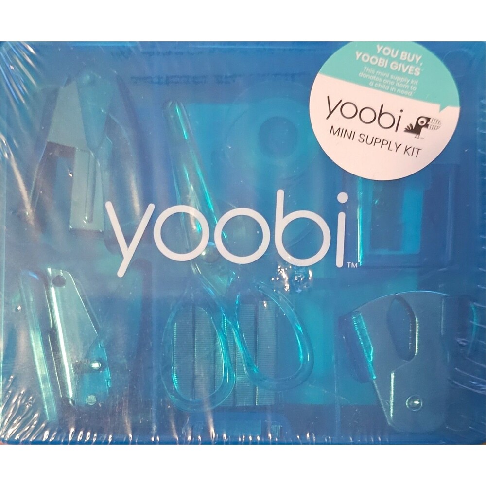 Yoobi Mini Office Desk Supply 8pc Kit, Storage Box Blue Staple Scissors Tape etc